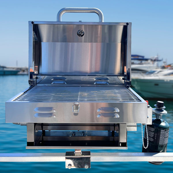 Stainless Steel Boat Grill with Pontoon Rail Mount (2023 Model)